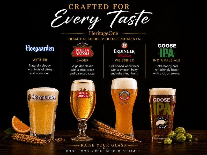 Draft beers: Hoegaarden, Stella Artois, Erdinger, Goose Island IPA