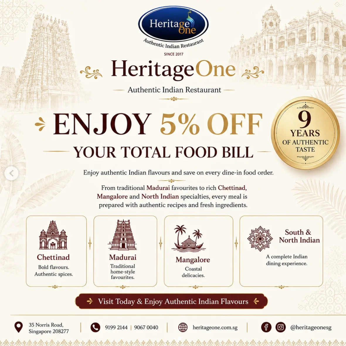5% Off Your Total Food Bill at HeritageOne - 9 Years of Authentic Taste