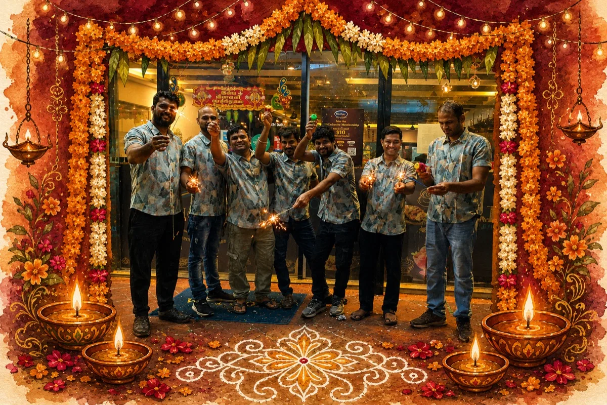 HeritageOne team celebrating Deepavali 2025 outside the restaurant with sparklers and diyas