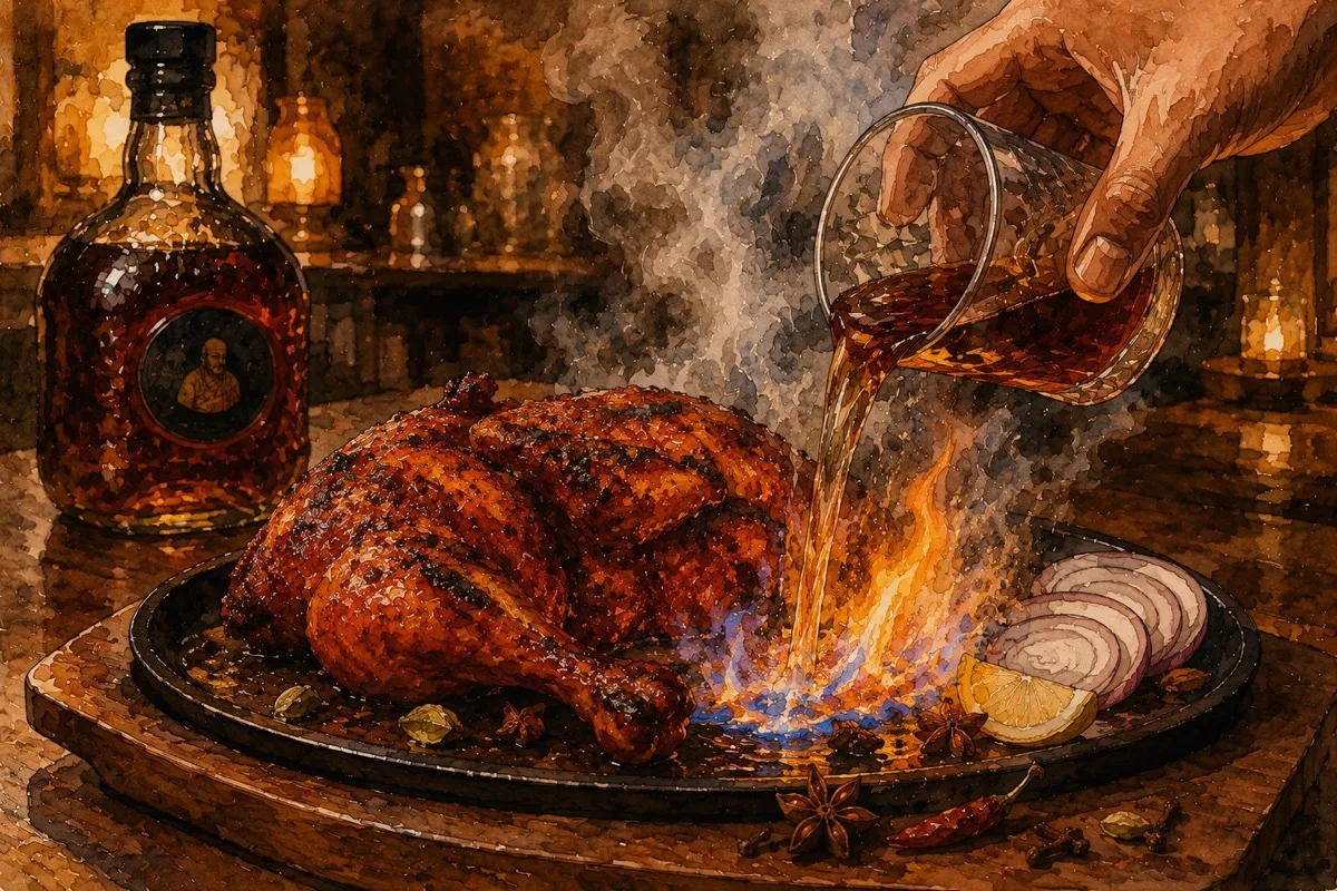 Drunken Monken Chicken live flambé - rum poured over tandoori chicken on a sizzler plate