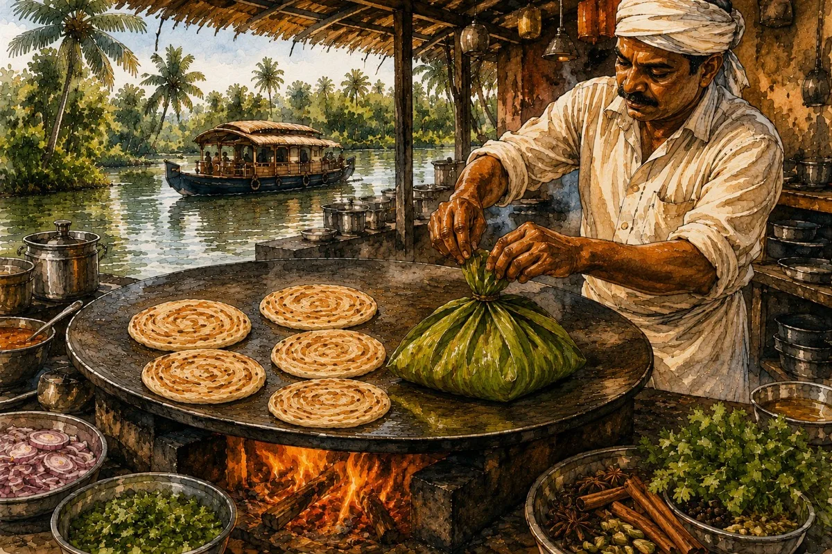 Kerala-style kizhi parotta being wrapped in banana leaf over a wood fire, backwaters in the background