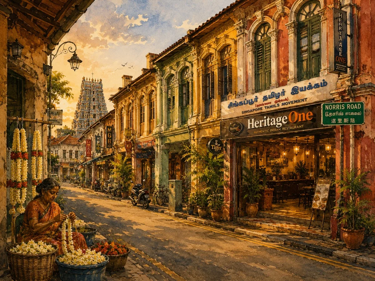 Norris Road, Little India - heritage shophouses with HeritageOne restaurant and temple spire