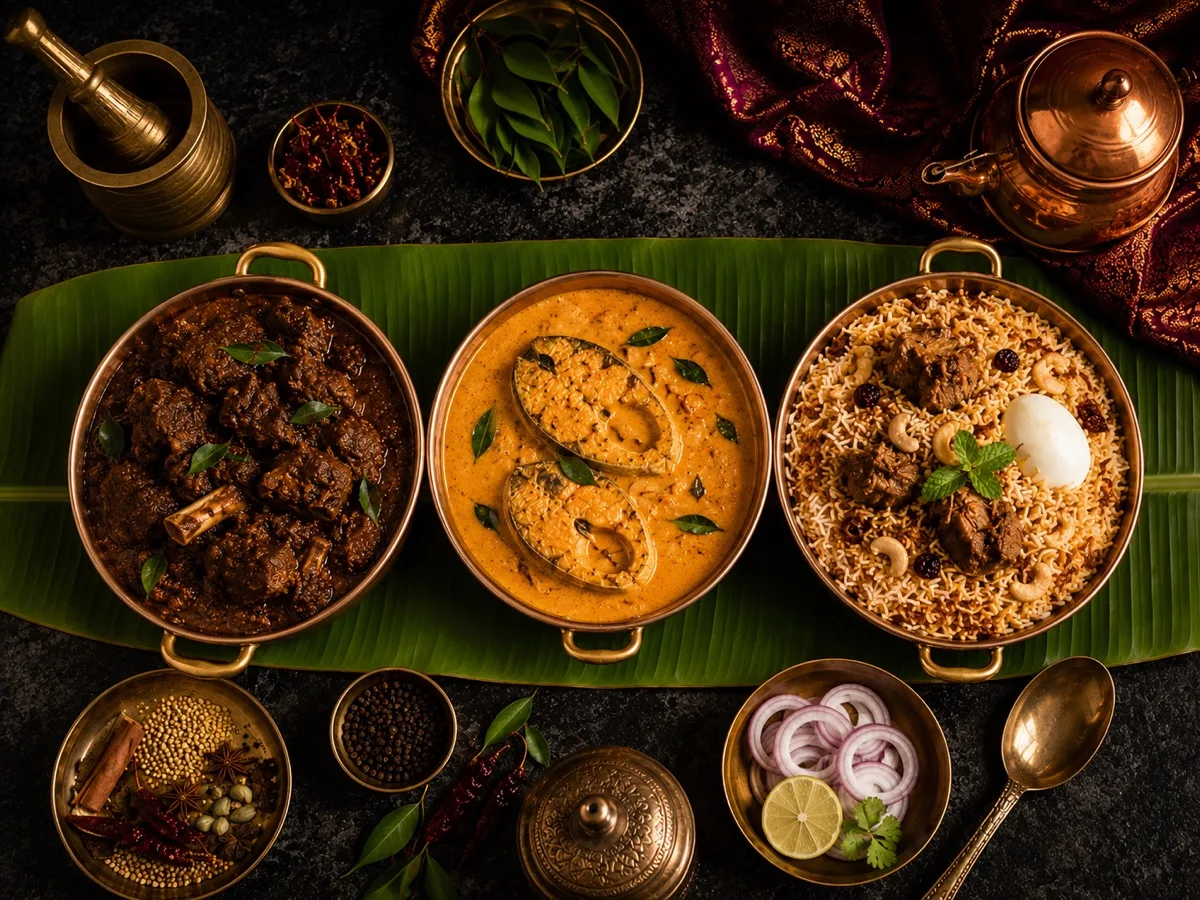 Three kitchens - Chettinad, Coastal South, Aromatic North flat-lay
